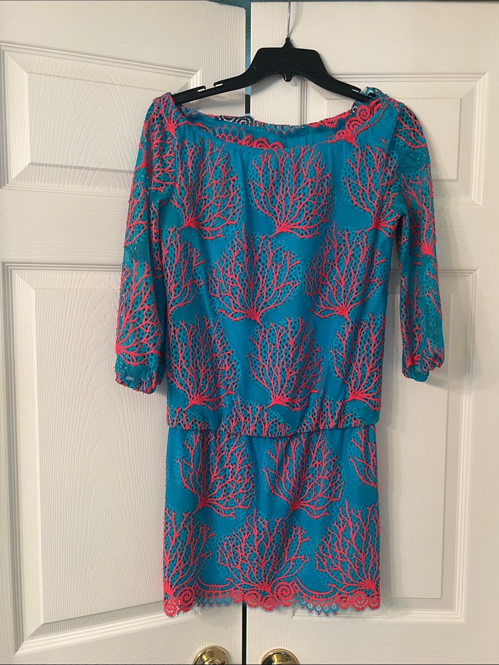 Lilly Pulitzer Turquoise Dress with Coral Lace Overlay